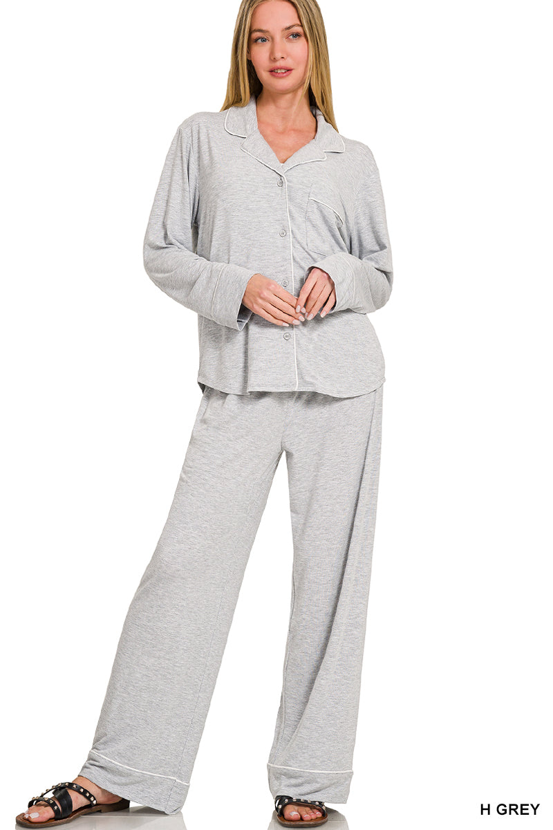 Button-down long sleeve shirt & long pants pj set