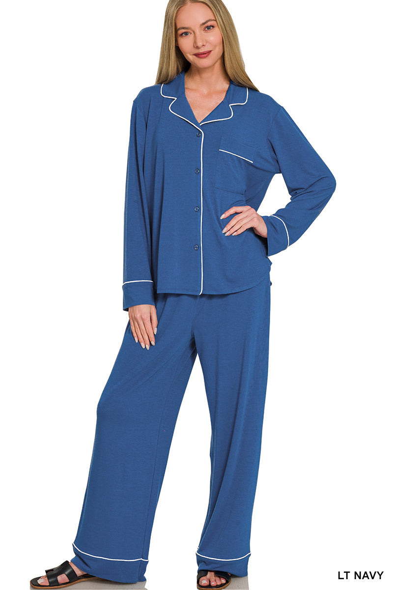 Button-down long sleeve shirt & long pants pj set
