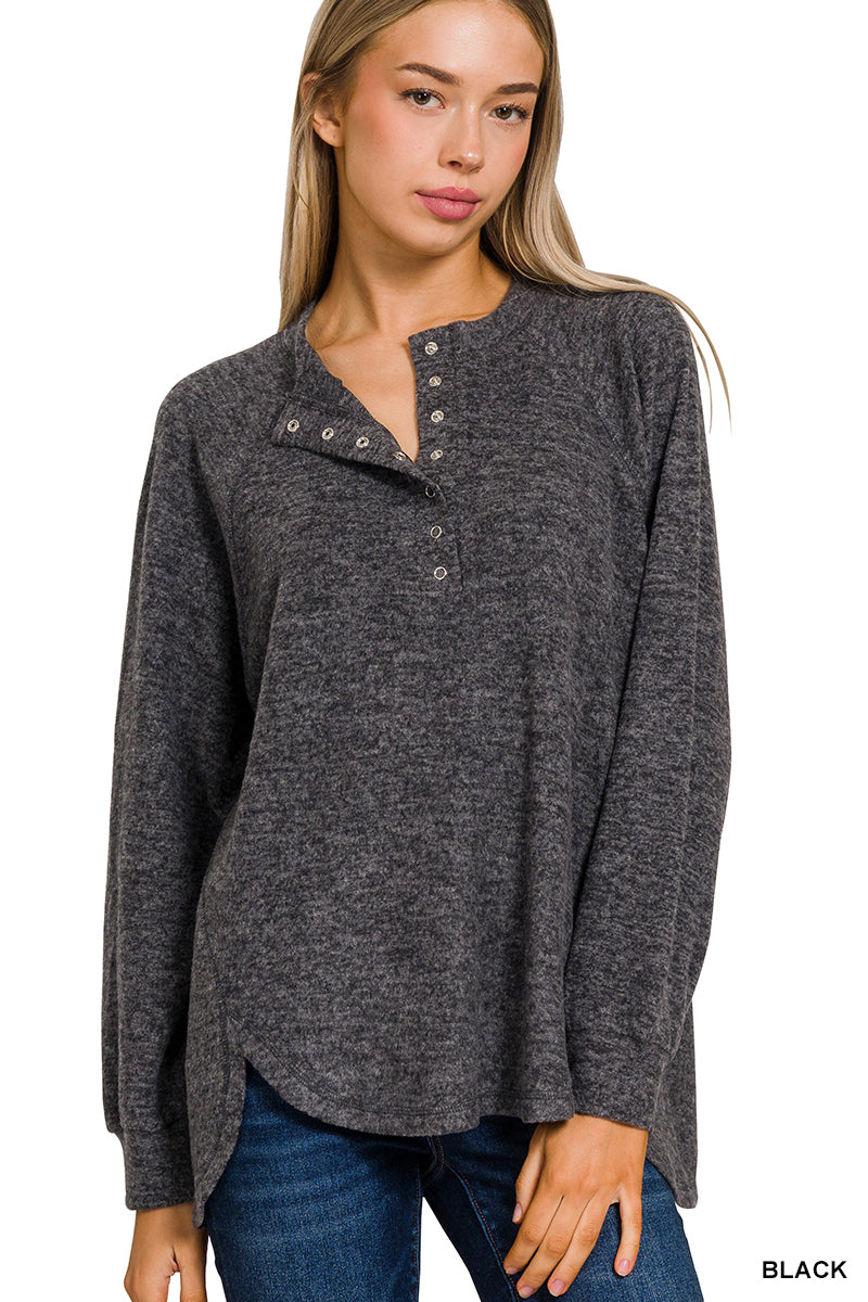 Brushed melange hacci oversized 7-button henley placket sweater