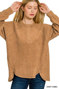Brushed melange hacci oversized 7-button henley placket sweater