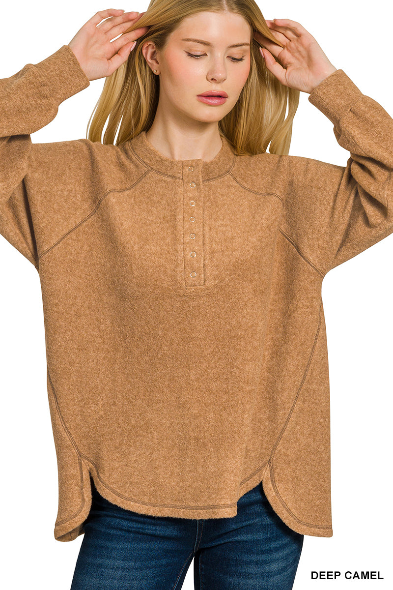 Brushed melange hacci oversized 7-button henley placket sweater
