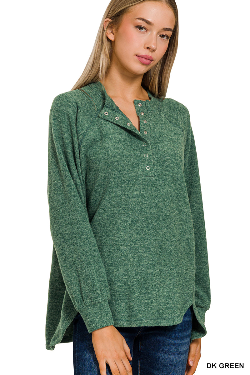 Brushed melange hacci oversized 7-button henley placket sweater