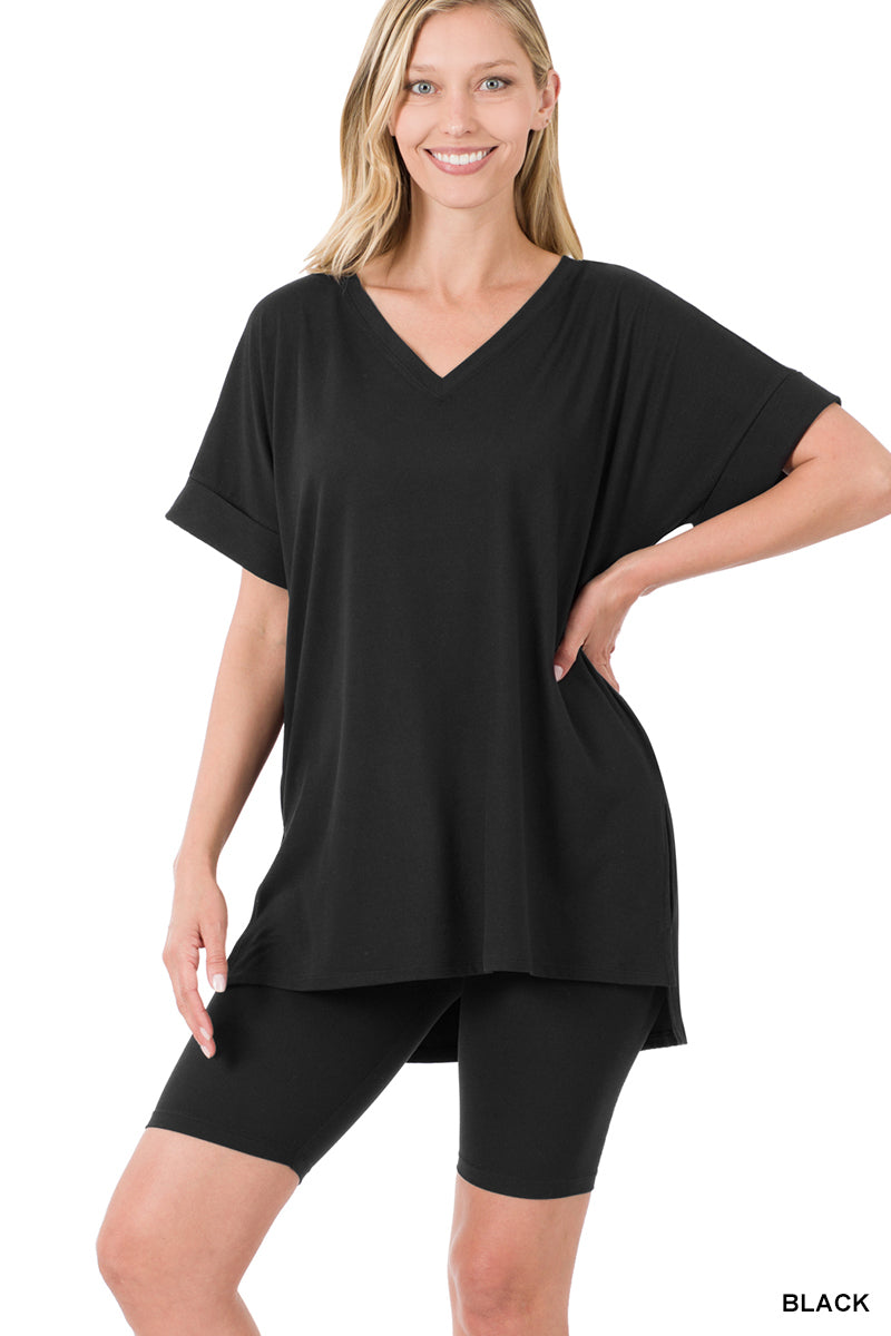 Brushed dty microfiber v-neck top & biker shorts