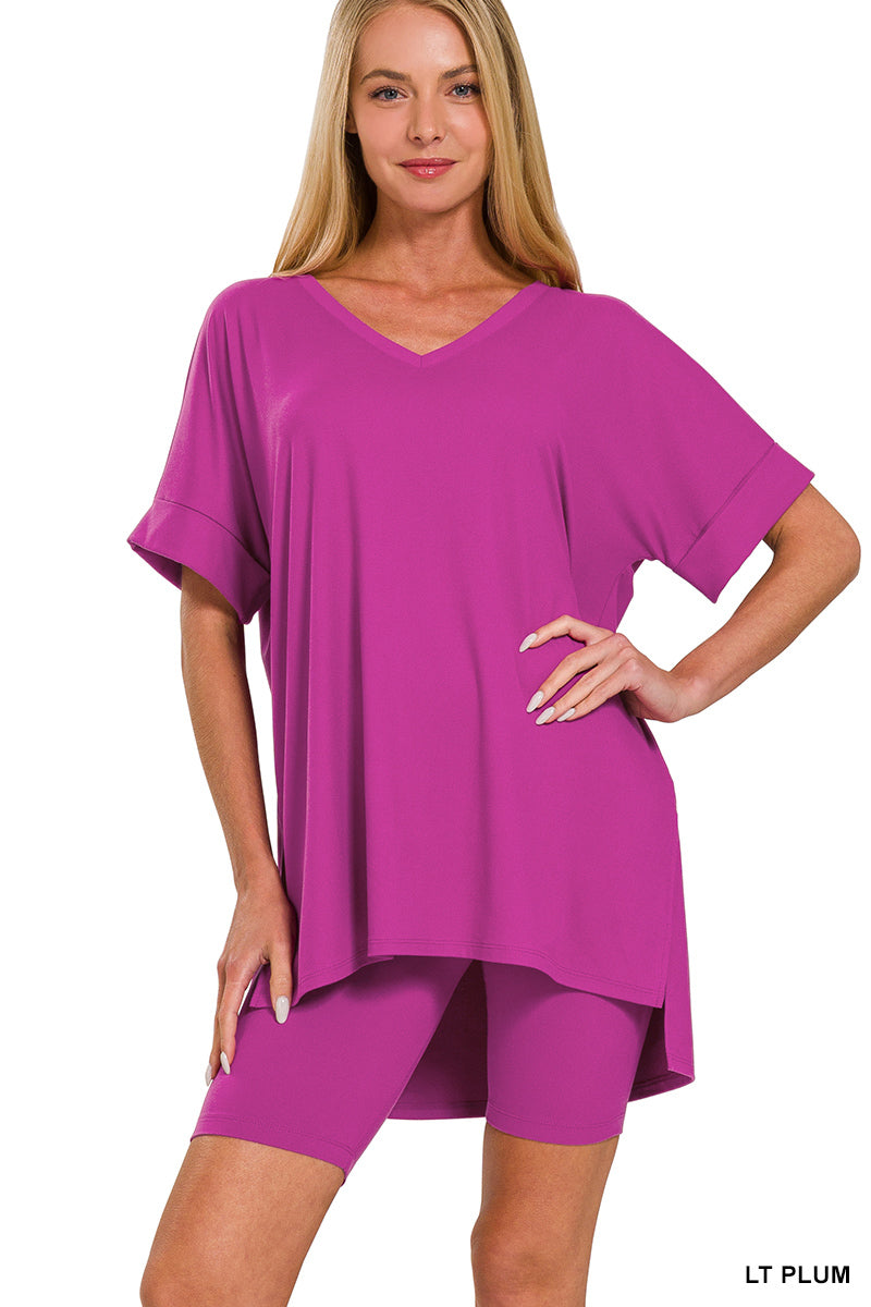 Brushed dty microfiber v-neck top & biker shorts