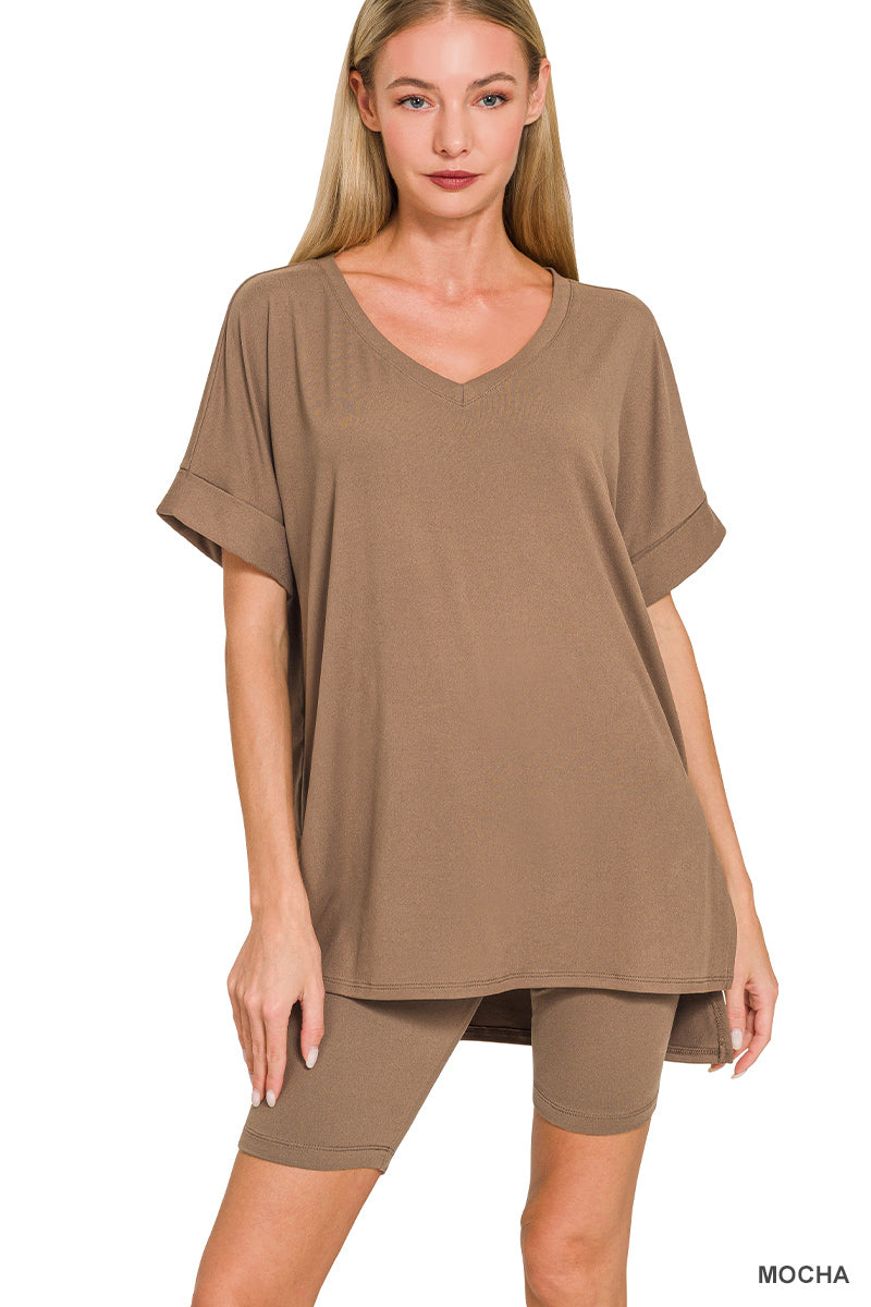 Brushed dty microfiber v-neck top & biker shorts