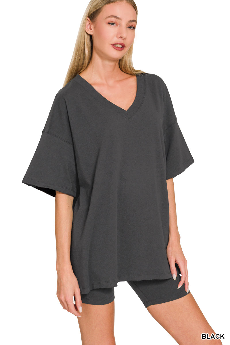 Cotton v-neck top & biker shorts set
