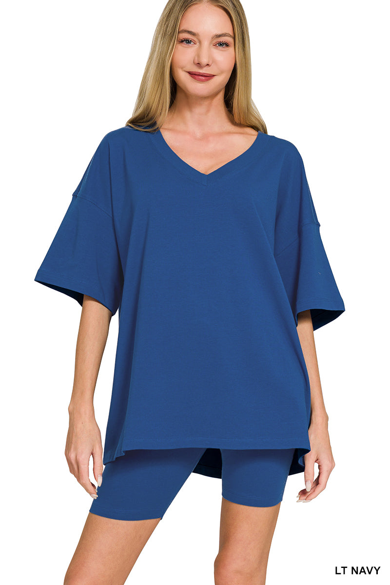 Cotton v-neck top & biker shorts set