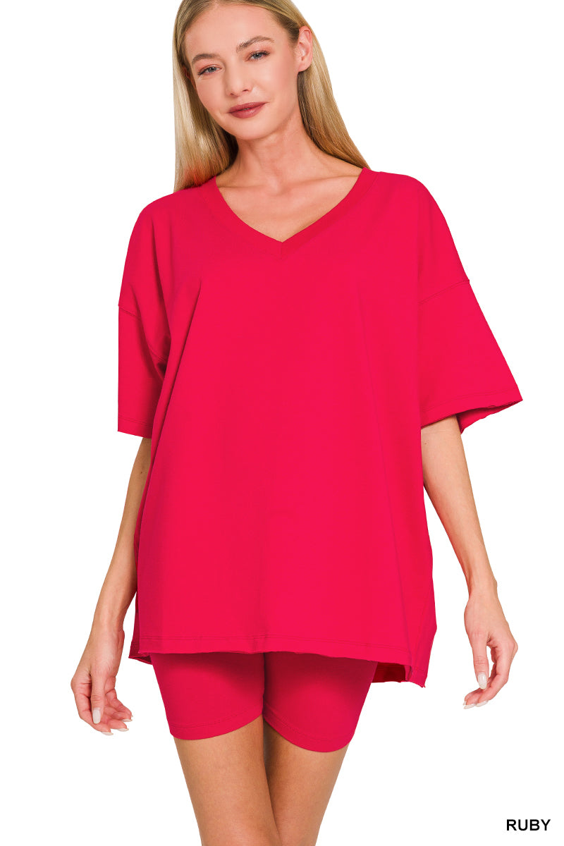 Cotton v-neck top & biker shorts set