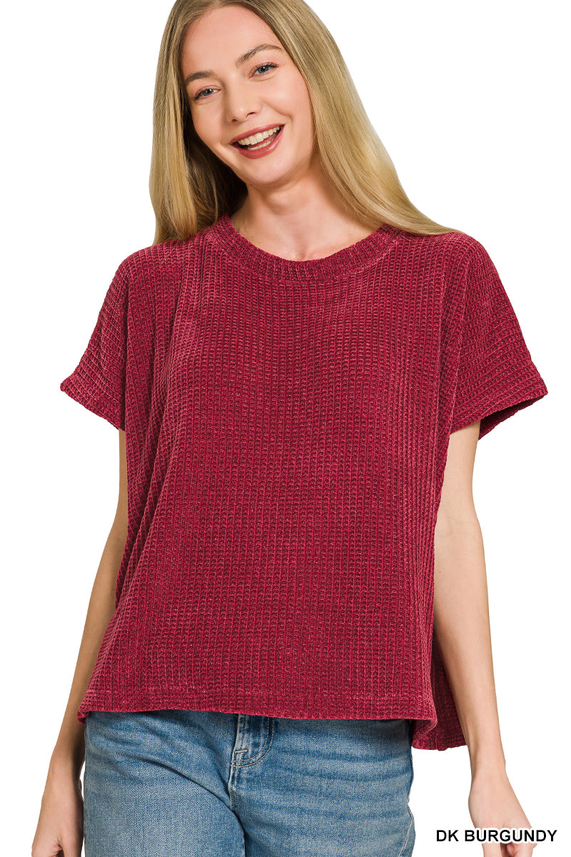 Chenille waffle cap sleeve sweater