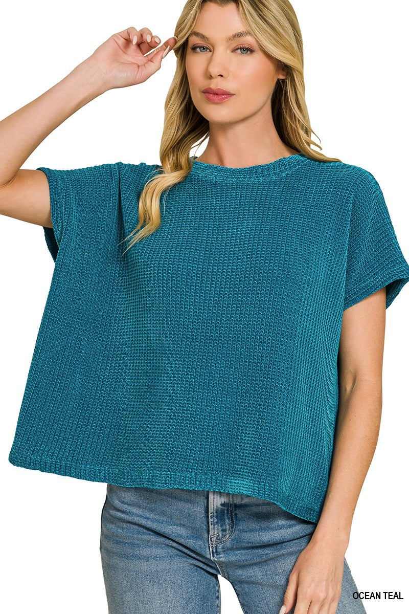 Chenille waffle cap sleeve sweater