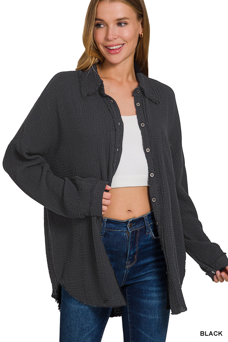 Double gauze oversized raw edge shirt