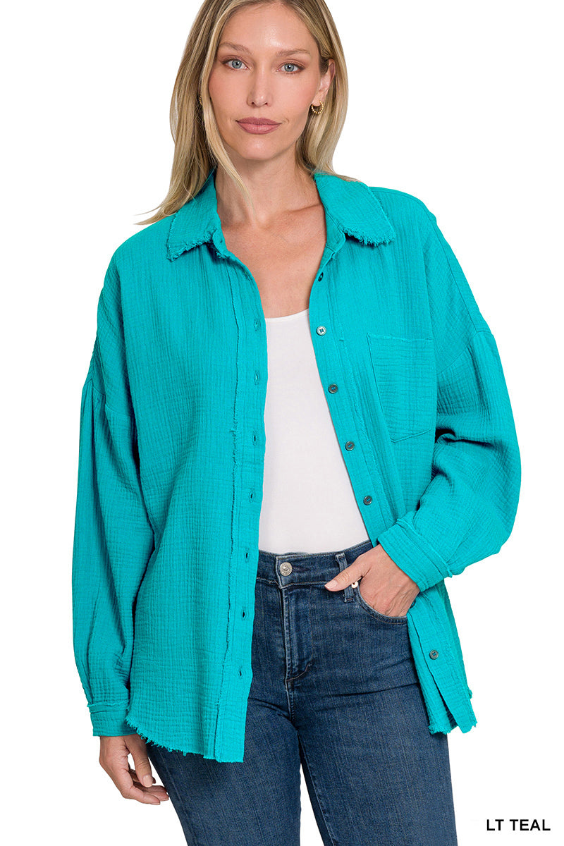 Double gauze oversized raw edge shirt