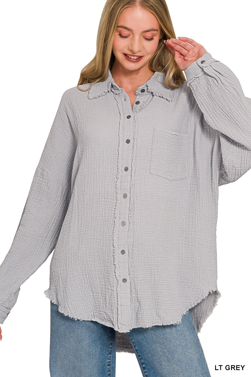 Double gauze oversized raw edge shirt
