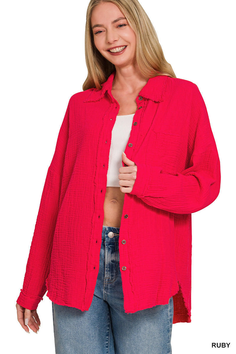 Double gauze oversized raw edge shirt