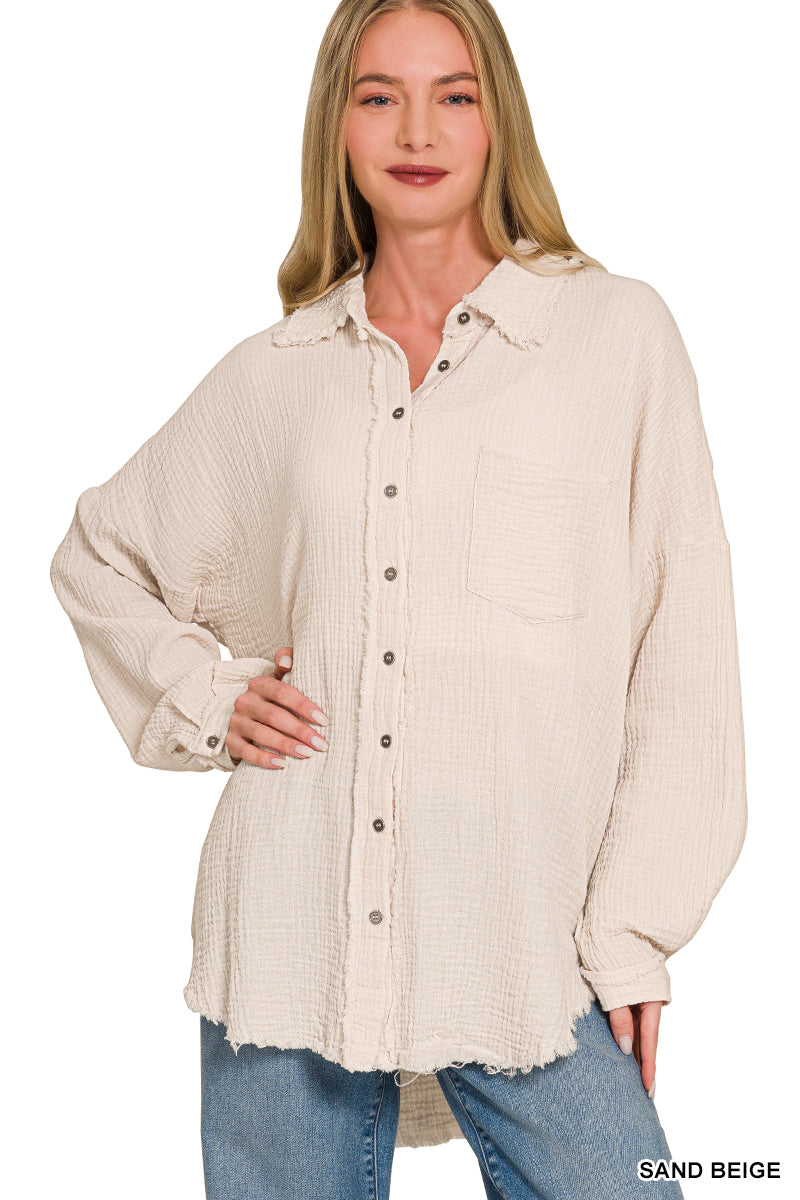 Double gauze oversized raw edge shirt