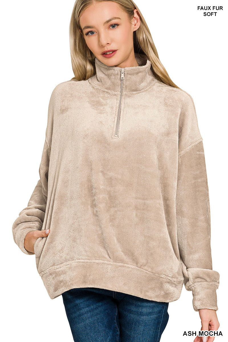 Faux Fur Half Zip Pocket Pullover