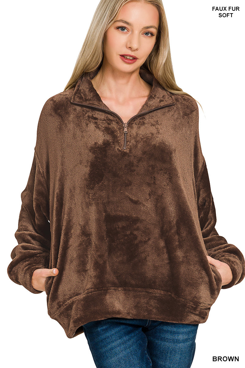 Faux Fur Half Zip Pocket Pullover