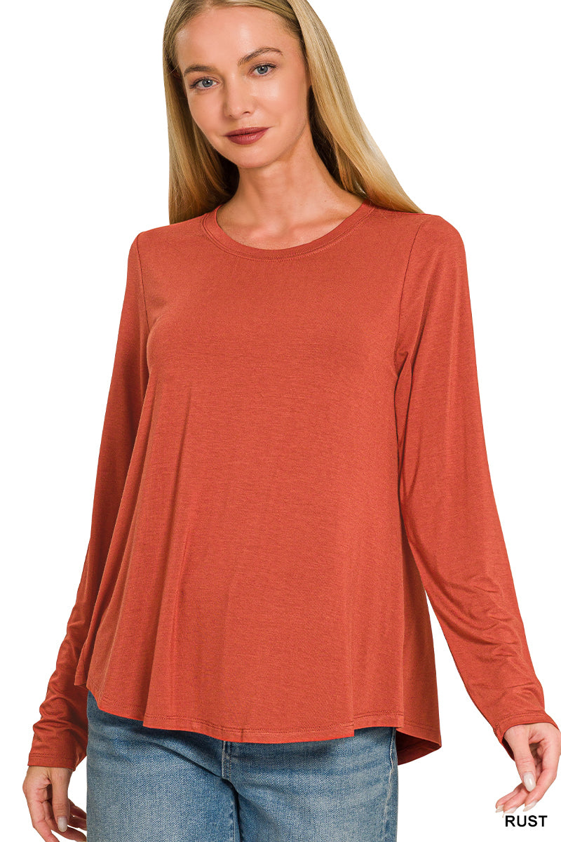 Flowy round hem rayon long sleeve top