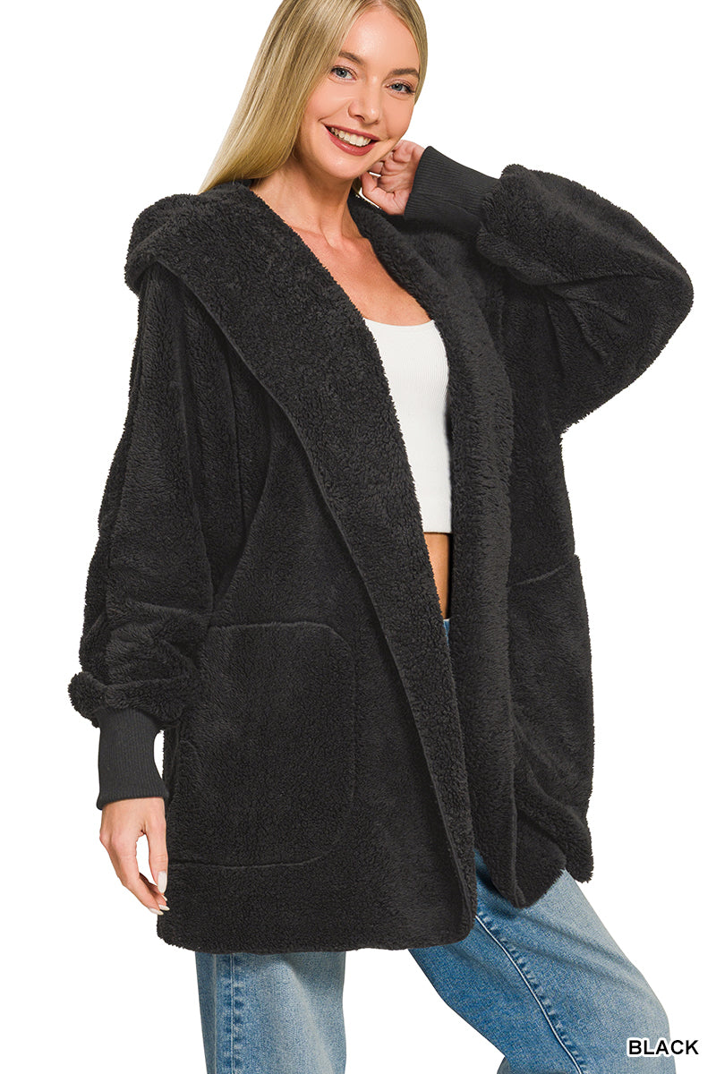 Hooded Faux Fur Teddy Bear Jacket with Pockets