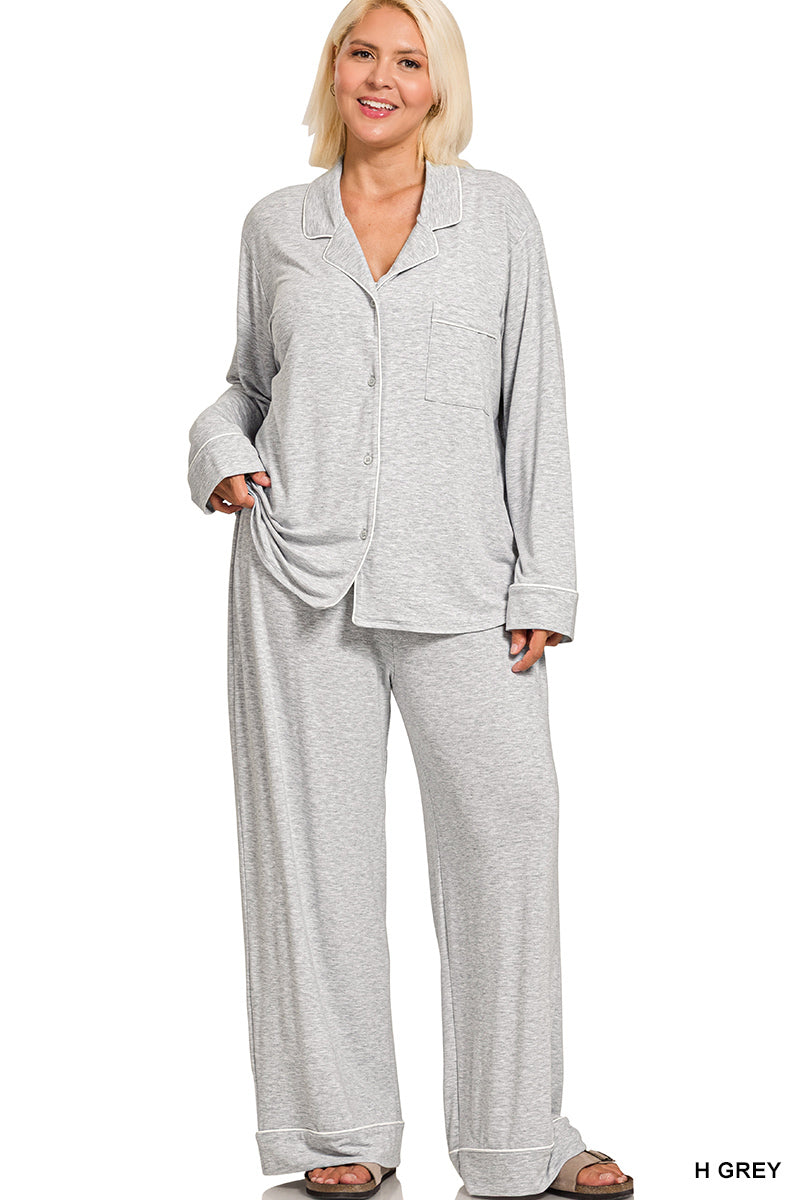 Button-down long sleeve shirt & long pants pj set
