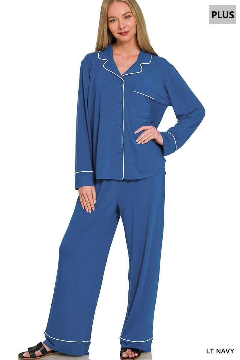 Button-down long sleeve shirt & long pants pj set