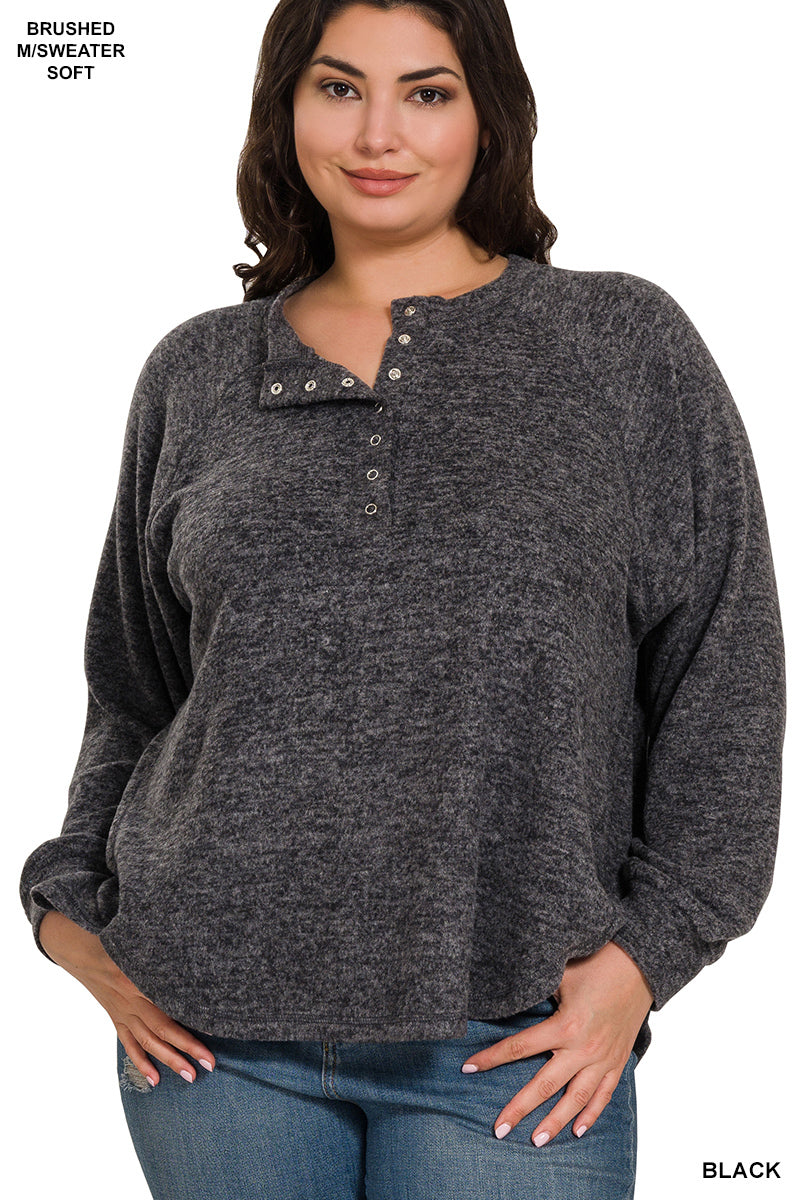 Brushed melange hacci oversized 7-button henley placket sweater