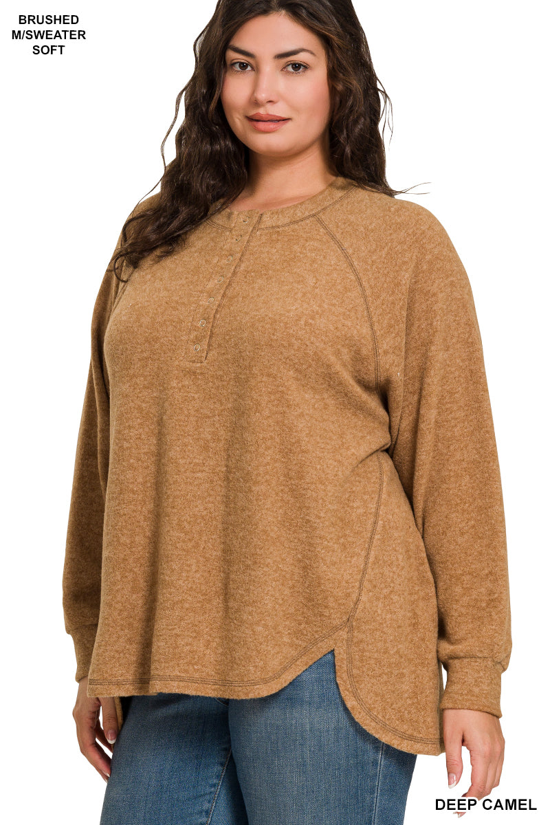 Brushed melange hacci oversized 7-button henley placket sweater