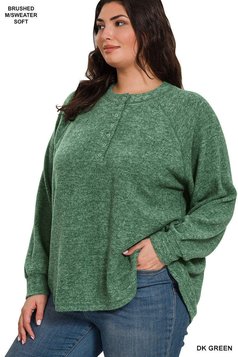Brushed melange hacci oversized 7-button henley placket sweater