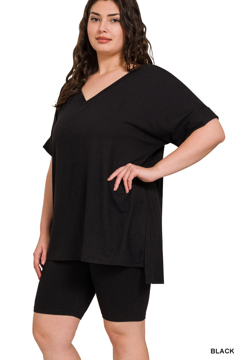 Brushed dty microfiber v-neck top & biker shorts