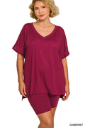 Brushed dty microfiber v-neck top & biker shorts