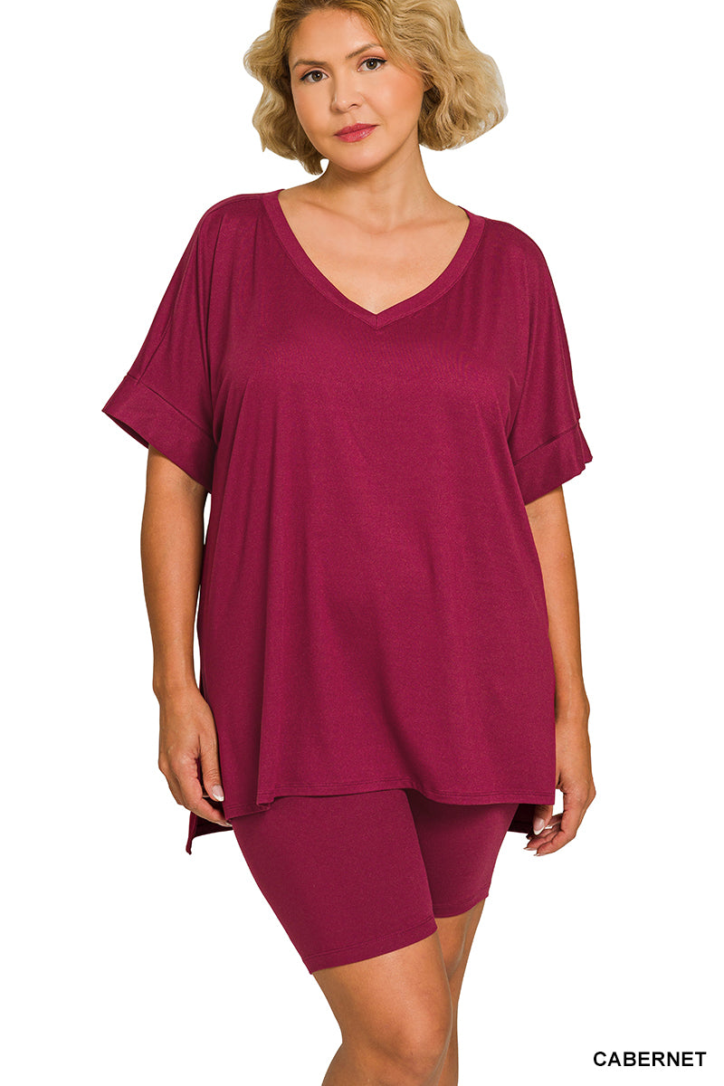 Brushed dty microfiber v-neck top & biker shorts