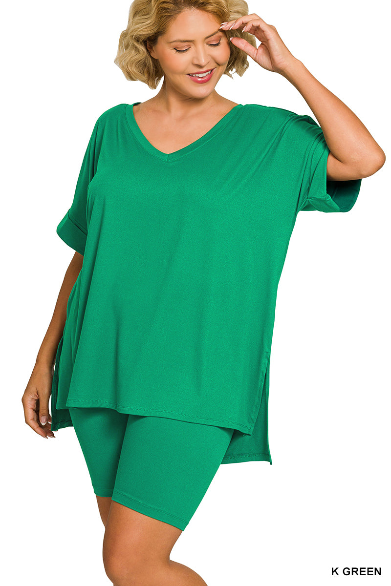Brushed dty microfiber v-neck top & biker shorts