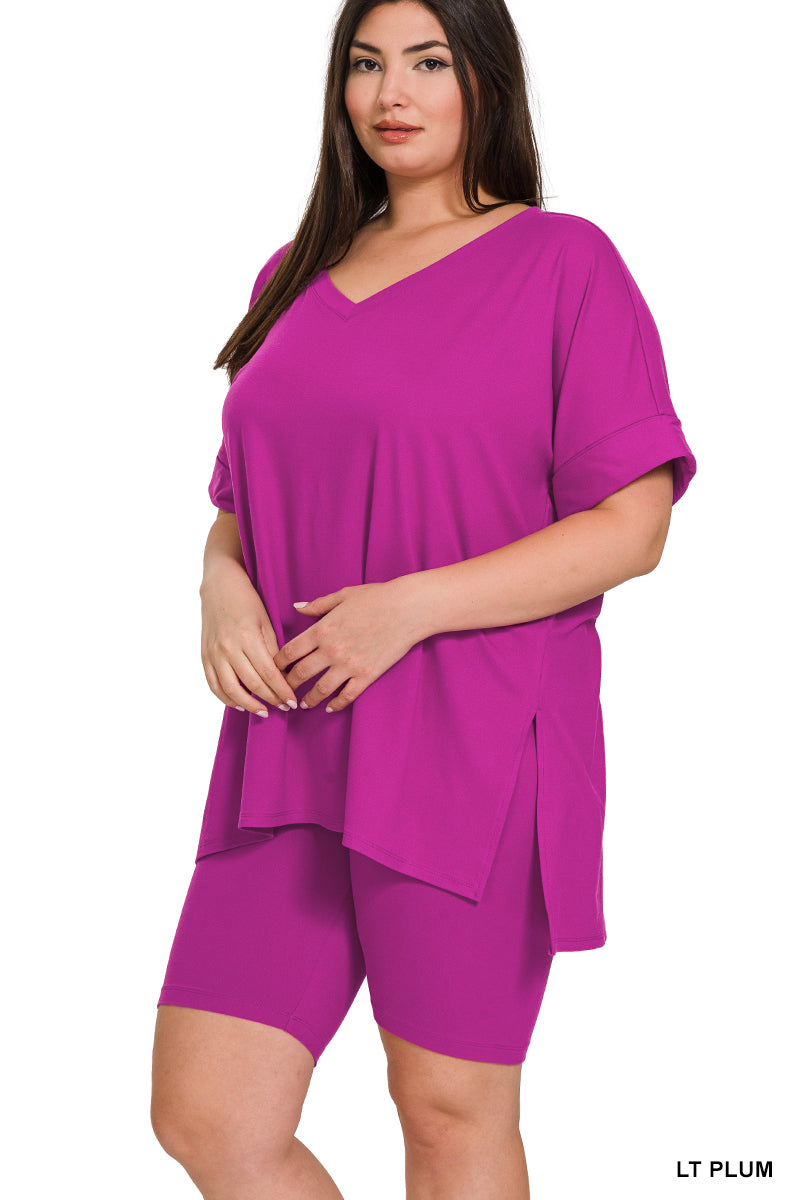 Brushed dty microfiber v-neck top & biker shorts