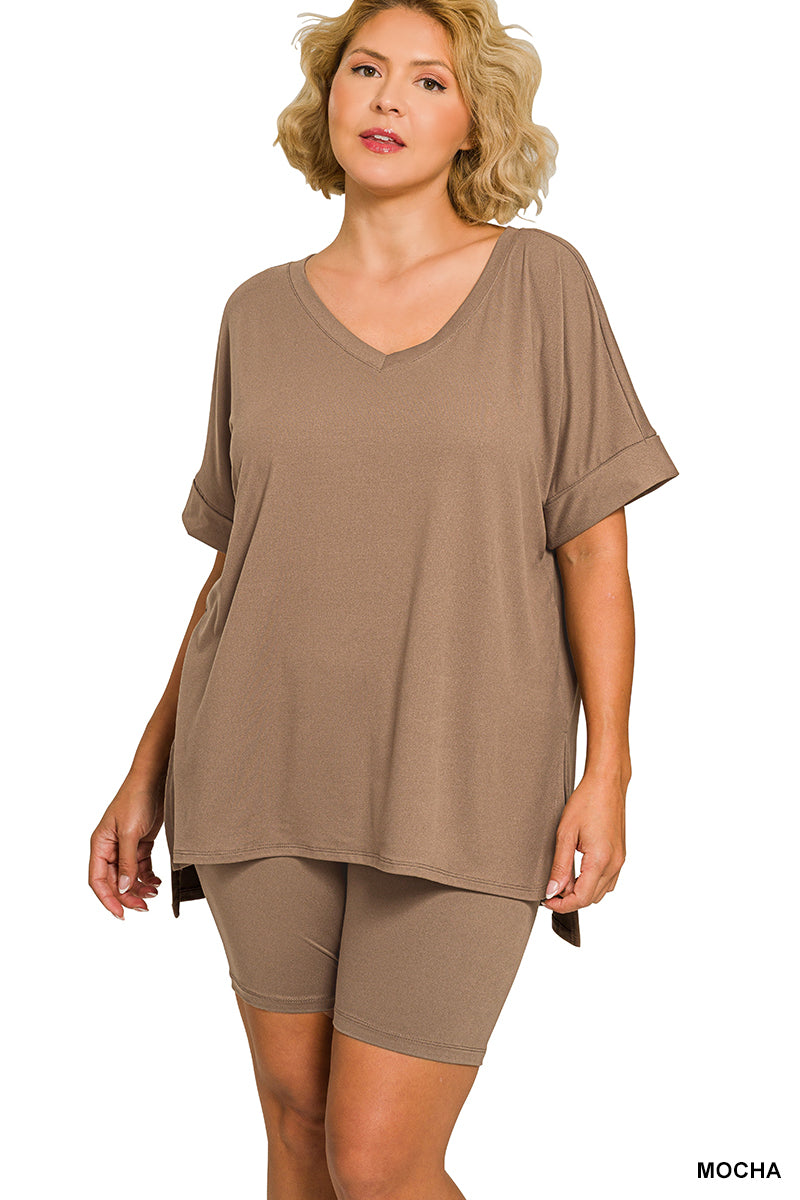 Brushed dty microfiber v-neck top & biker shorts