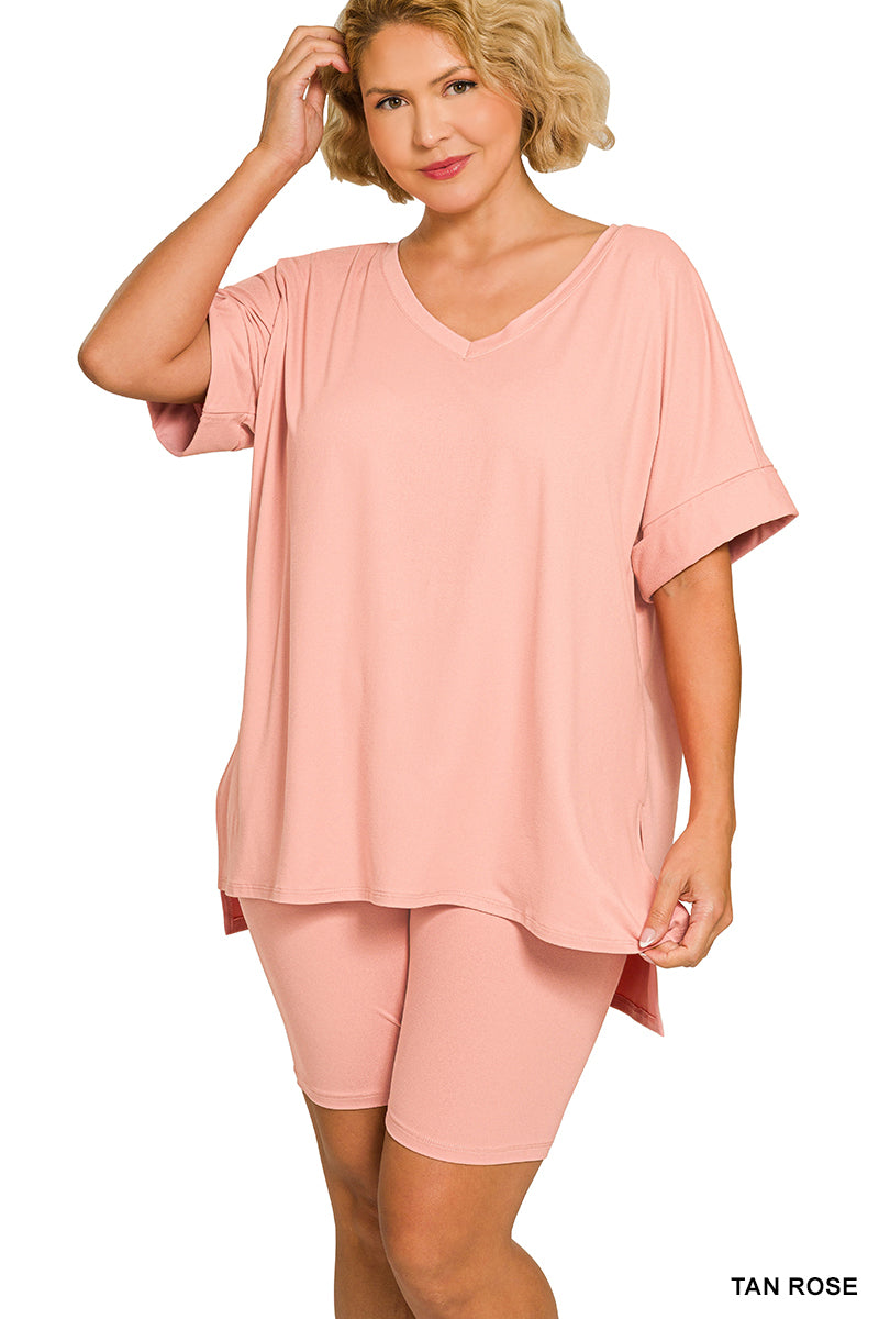 Brushed dty microfiber v-neck top & biker shorts