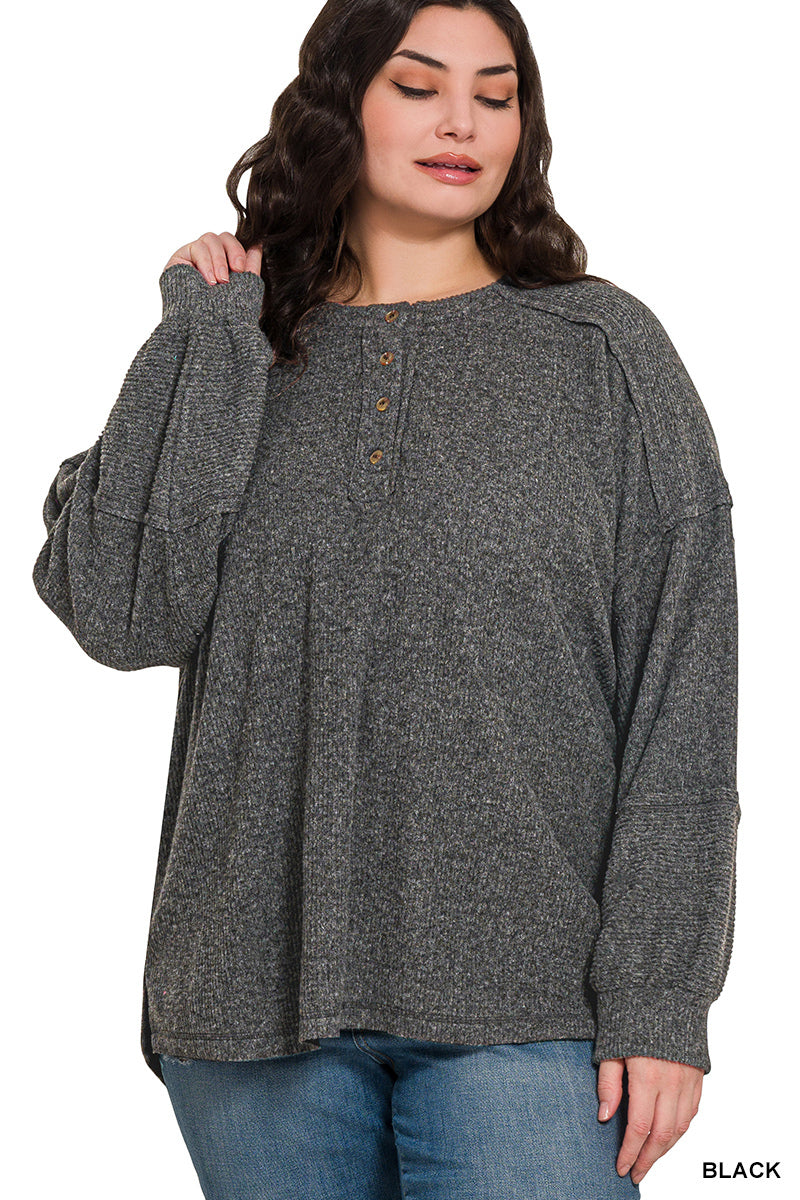 Ribbed Brushed Hacci Melange Henley Sweater