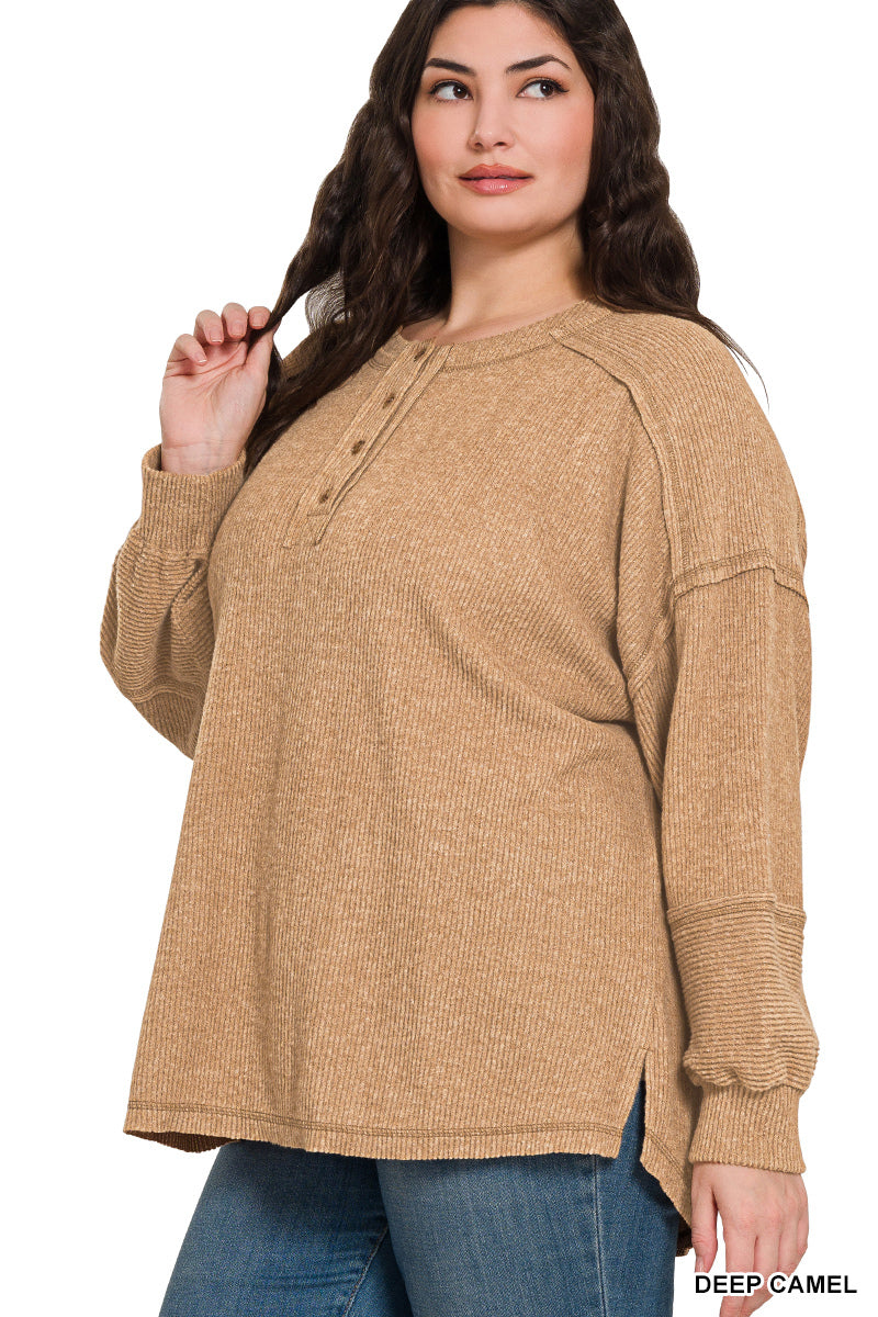 Ribbed Brushed Hacci Melange Henley Sweater