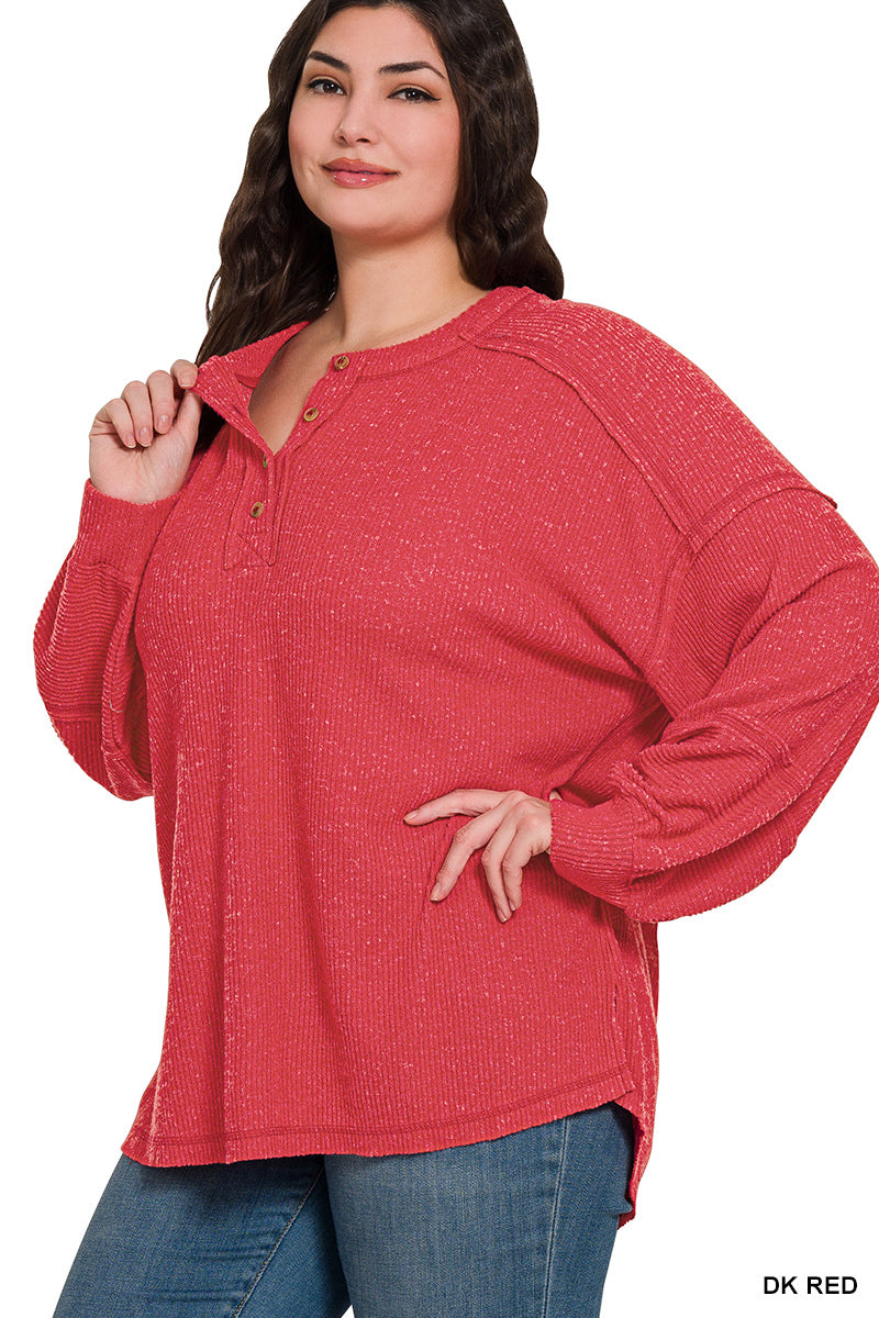 Ribbed Brushed Hacci Melange Henley Sweater