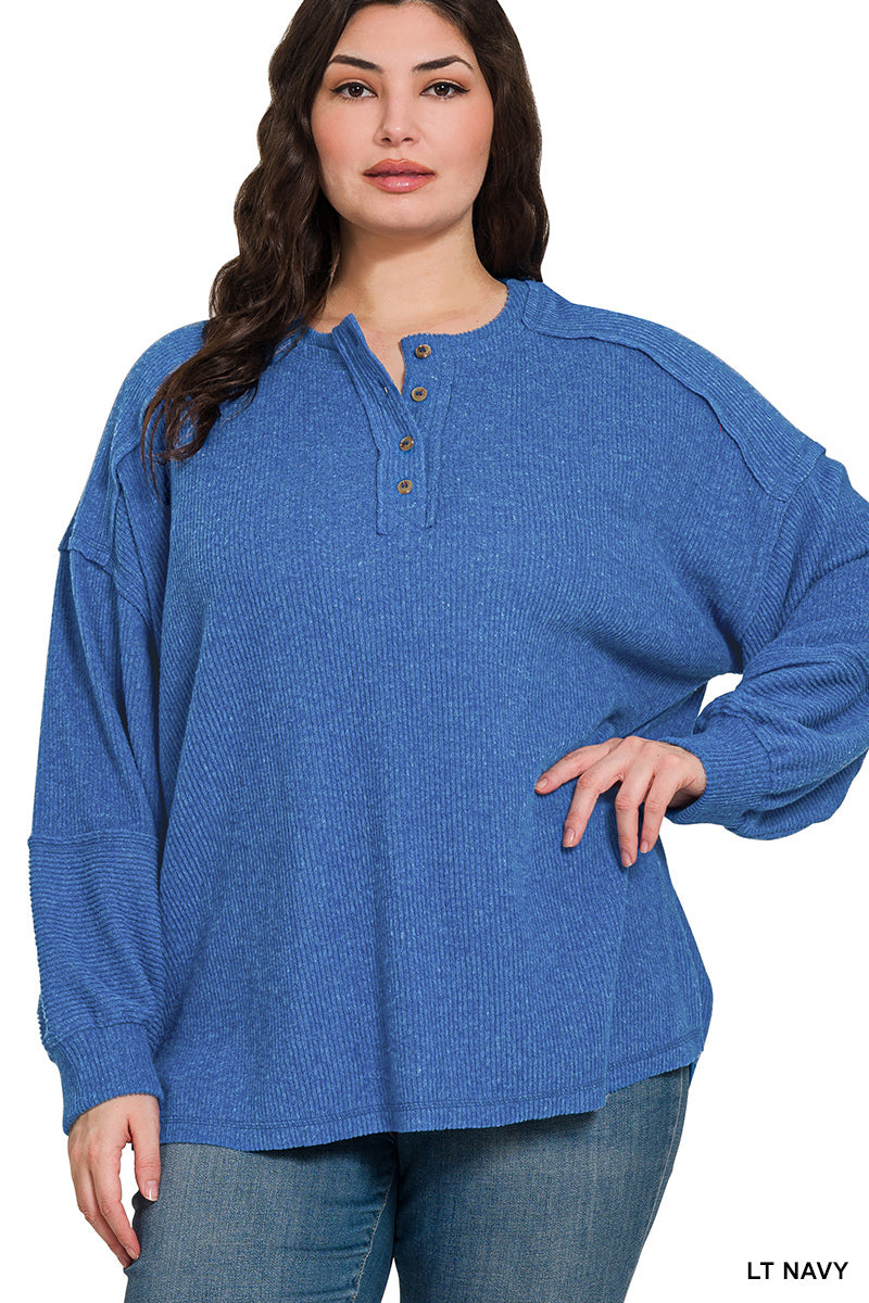 Ribbed Brushed Hacci Melange Henley Sweater