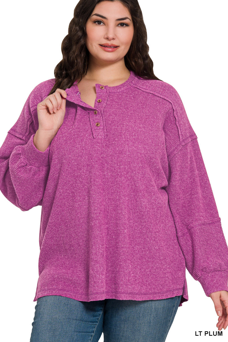 Ribbed Brushed Hacci Melange Henley Sweater