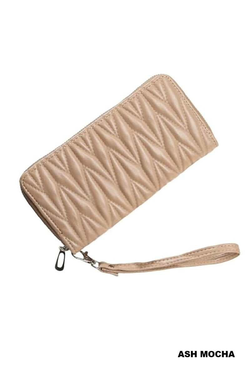 Quilted vegan leather zip wristlet clutch wallet
