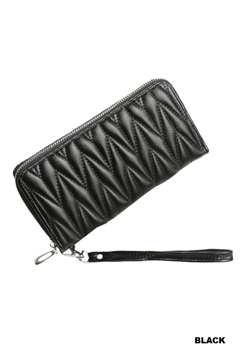 Quilted vegan leather zip wristlet clutch wallet