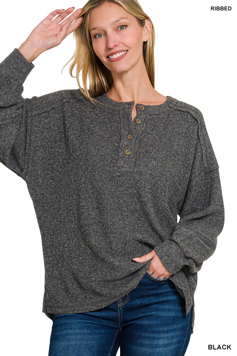 Ribbed Brushed Hacci Melange Henley Sweater