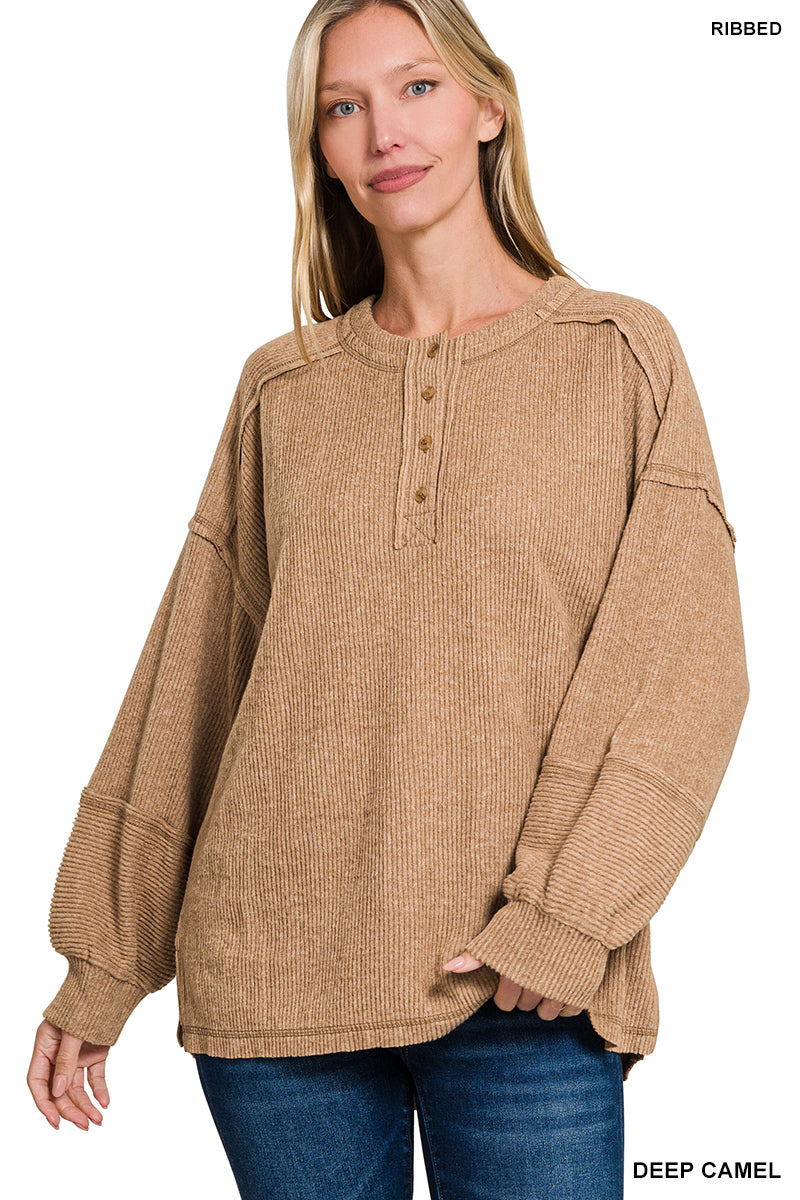 Ribbed Brushed Hacci Melange Henley Sweater