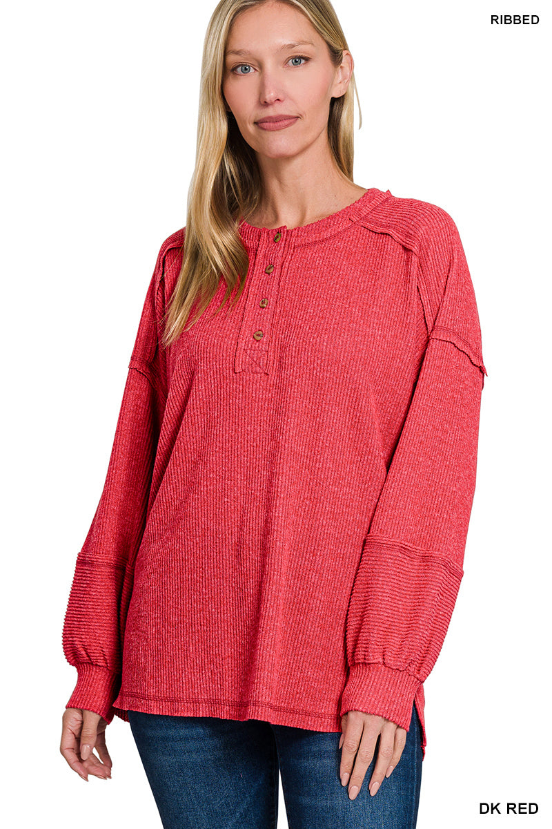 Ribbed Brushed Hacci Melange Henley Sweater