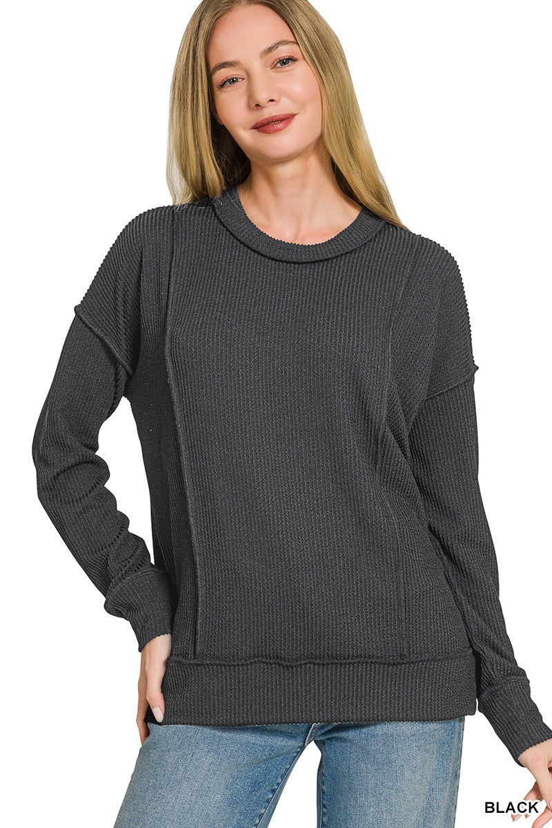 Raised rib long sleeve round neck pullover