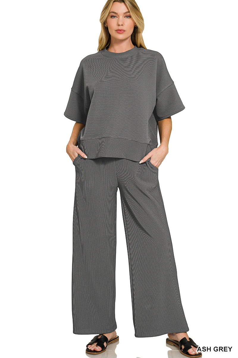 Ribbed Round Neck Tee & Pants Set