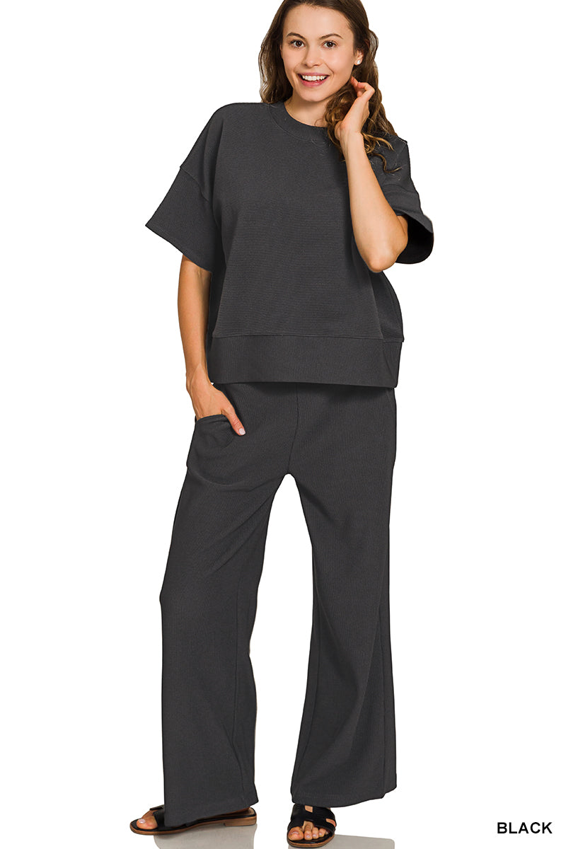 Ribbed Round Neck Tee & Pants Set