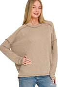 Raised rib raw edge boat neck long sleeve top