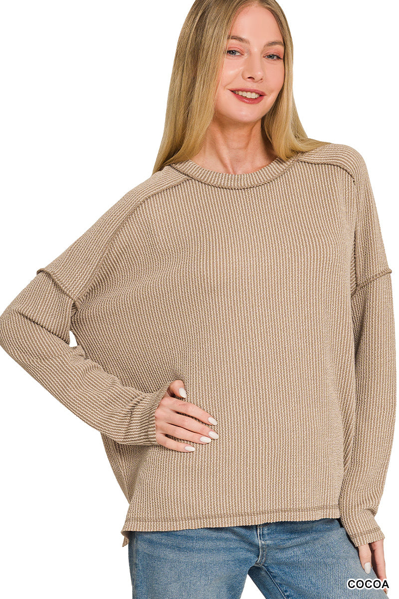Raised rib raw edge boat neck long sleeve top